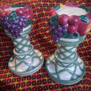 2 RAVISHINGLY BEAUTIFUL RAYMOND WAITES " CORNUCOPIA" PILLAR CANDLE HOLDERS.